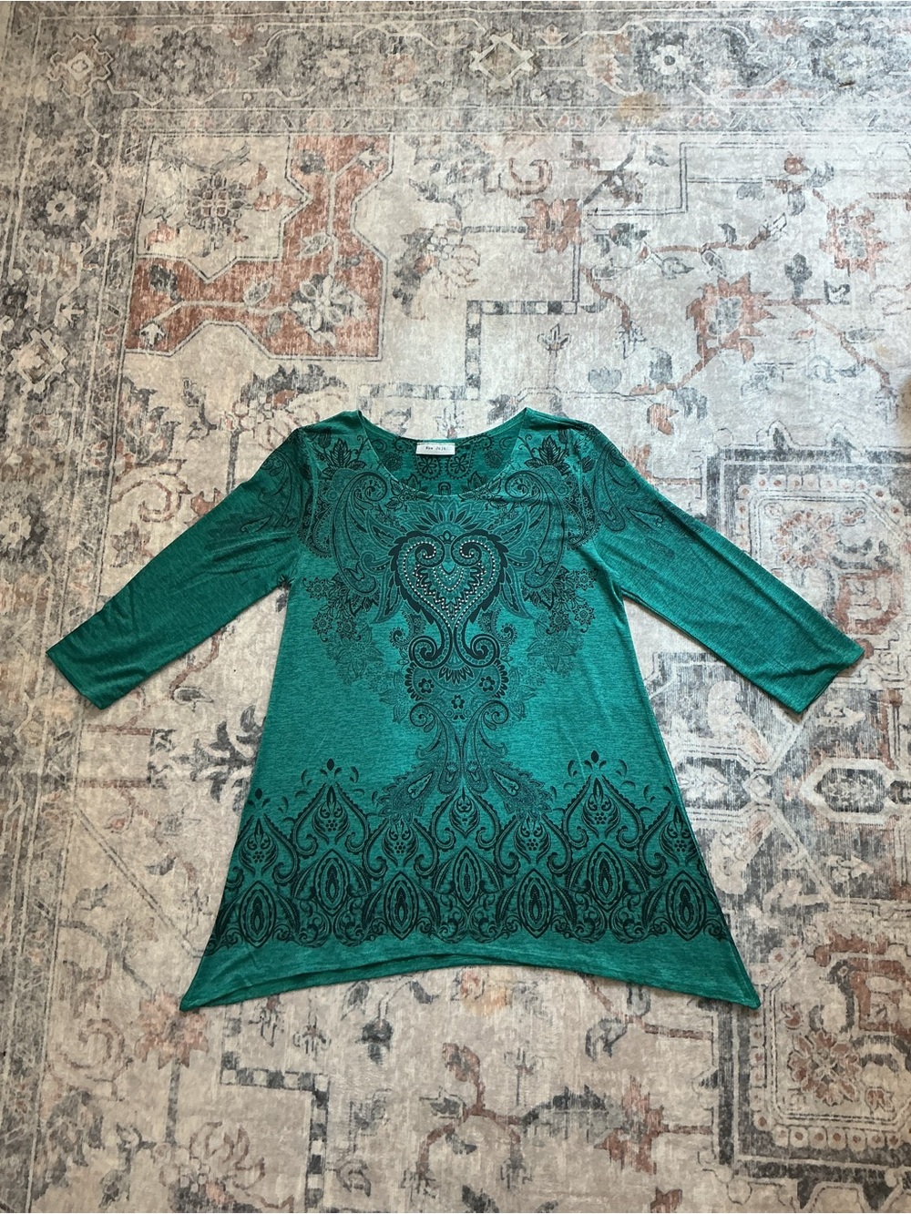 Democracy Teal Green Tunic with Black Ornamental Print